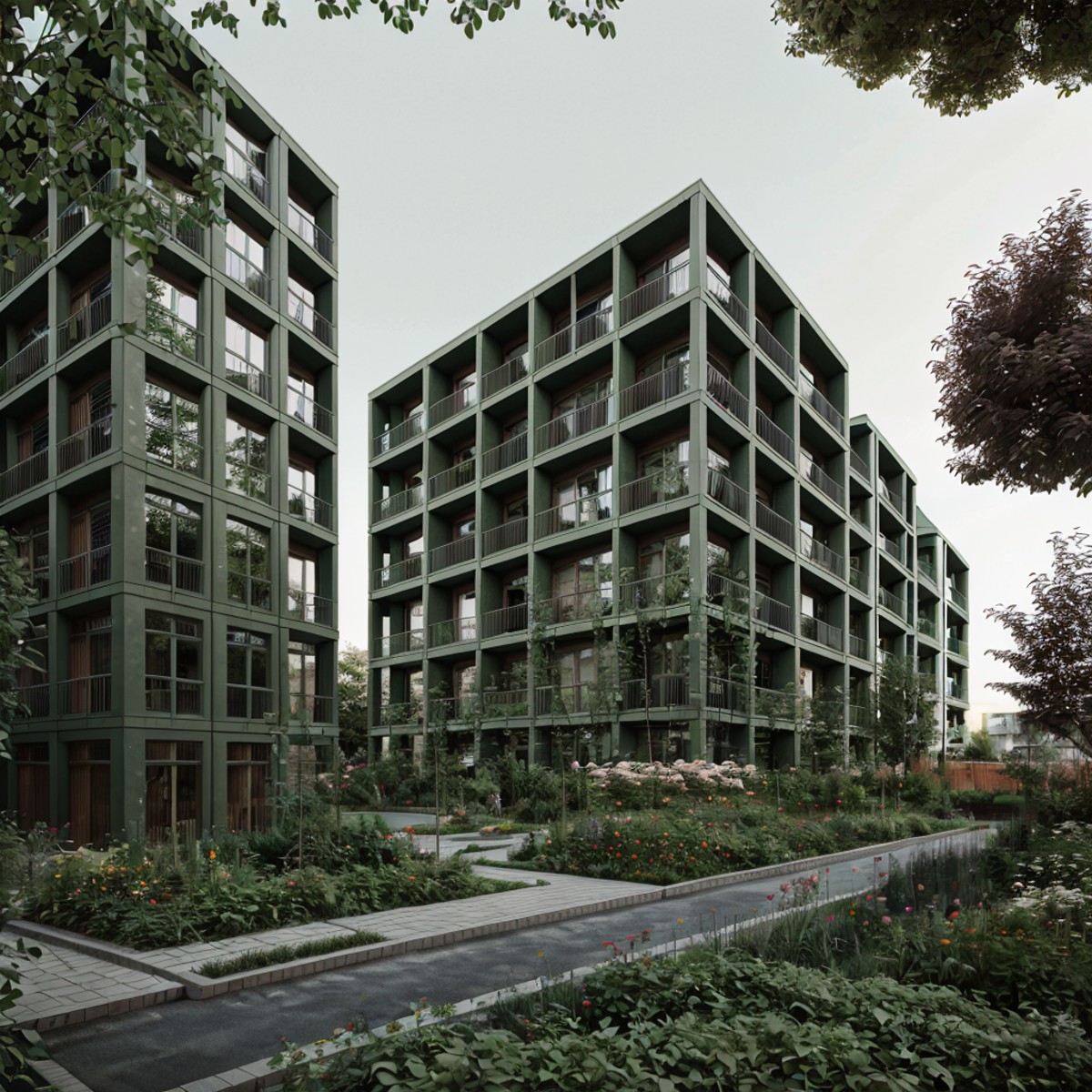 RAW photo of a co-housing residential complex, common garden, 1man, flower, bush, render, matte color facade, entire build...